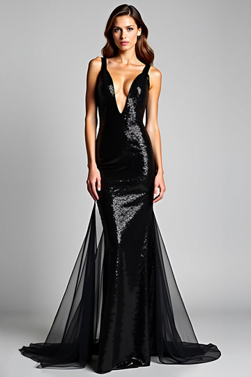 Robe noire à nouer sirène à col en V profond avec fente